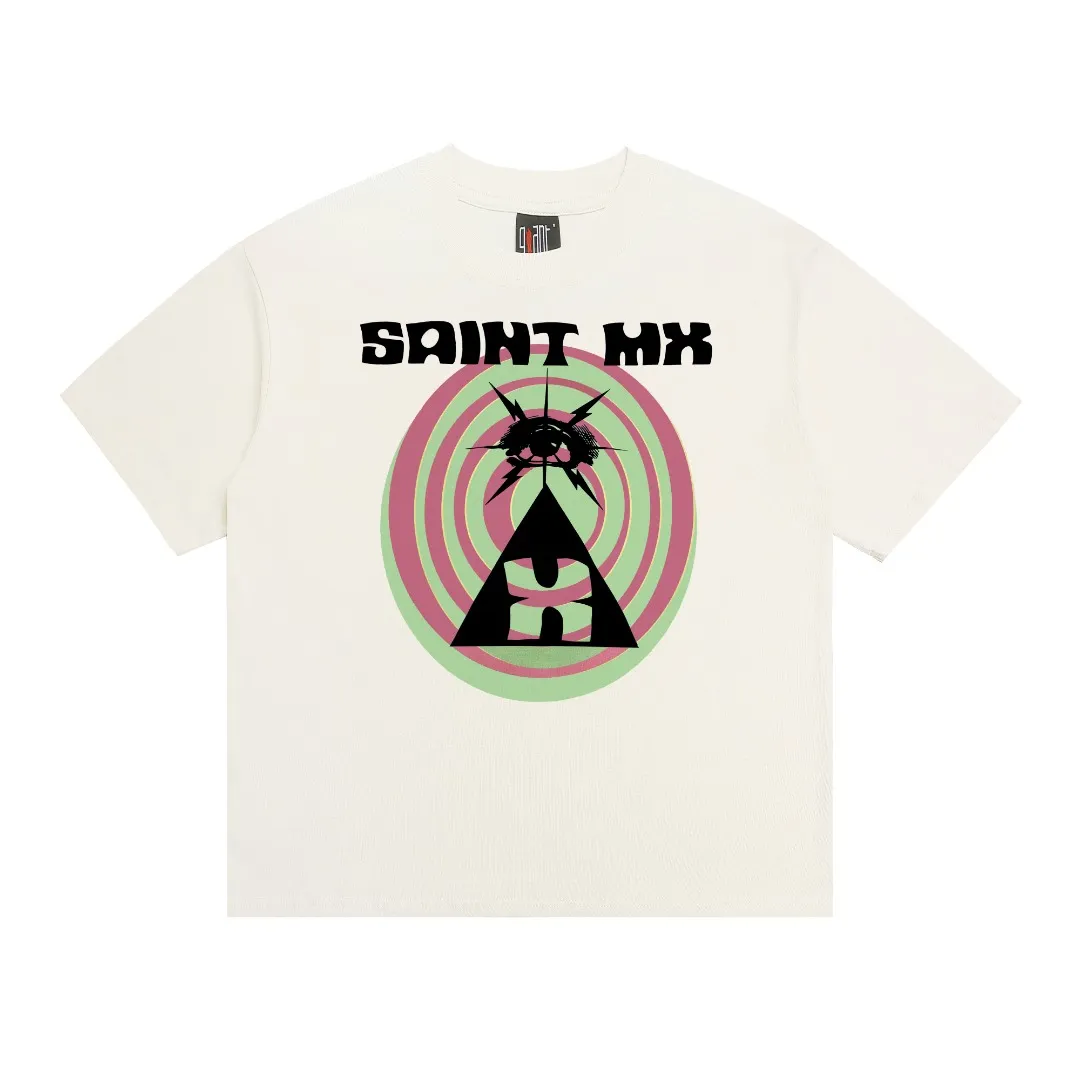 Saint Michael's new bull's-eye print retro pure cotton loose short-sleeved T-shirt with digital white ink direct injection, the fabric is breathable and the pattern is three-dimensional and clear. Fabric: Double yarn 240g Style number: S858 Size: S-M-L-XL Color: Off-white Price: P110